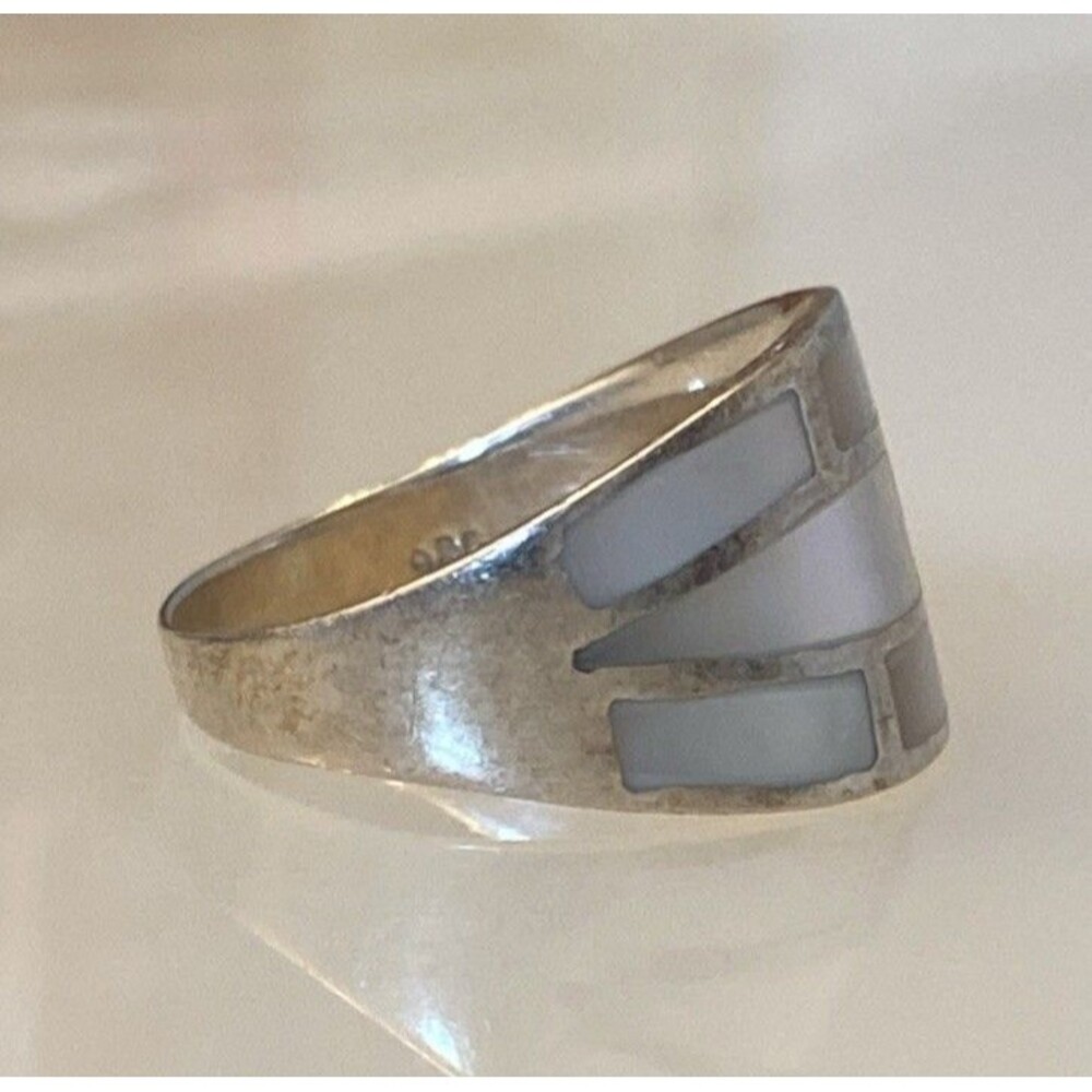 Mother of Pearl Inlay 925 Sterling Silver Nacre Iridescent Mosaic Tile Ring 7.5 - Picture 5 of 11